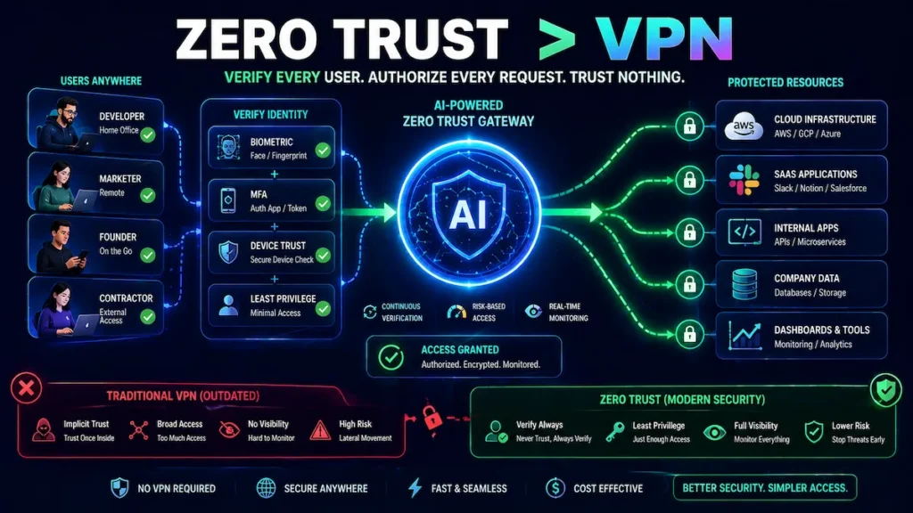 zero trust security diagram showing identity based access replacing VPN for startup cybersecurity