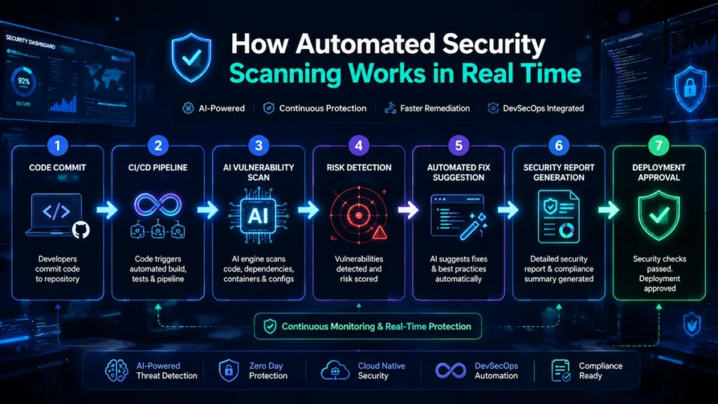 Dramatic AI cybersecurity defense illustration showing automated vulnerability scanning startups blocking cyber attacks, malware, ransomware, and cloud security threats in real time