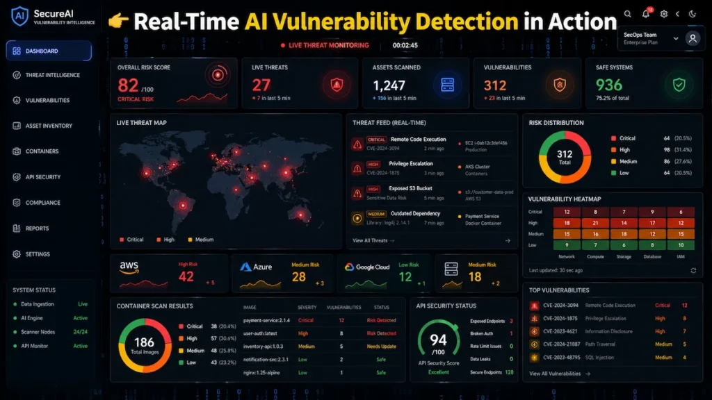 Futuristic cybersecurity dashboard interface displaying real-time AI vulnerability scanning, cloud threat monitoring, API security analytics, and automated risk detection systems