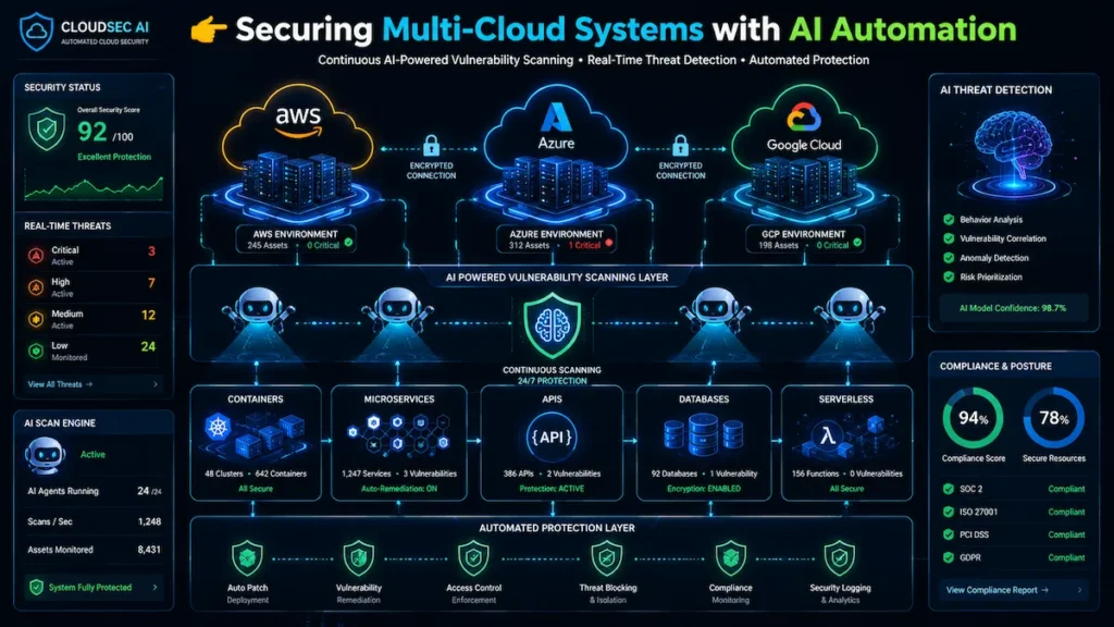 Enterprise cloud security automation illustration showing automated vulnerability scanning startups protecting multi-cloud infrastructure, APIs, containers, and cloud-native environments