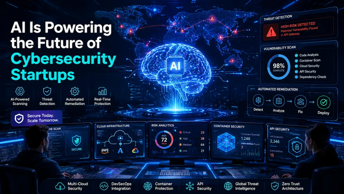 Premium cinematic cybersecurity SaaS hero image showing AI-powered automated vulnerability scanning startups protecting global cloud infrastructure with real-time threat detection and DevSecOps automation