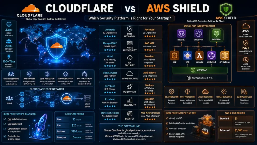 Cloudflare versus AWS Shield comparison showing AWS-native security integration, DDoS protection, and cloud infrastructure defense.