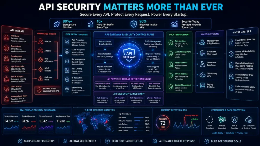 API security architecture with threat detection, rate limiting, API discovery, machine learning protection, and startup SaaS infrastructure.