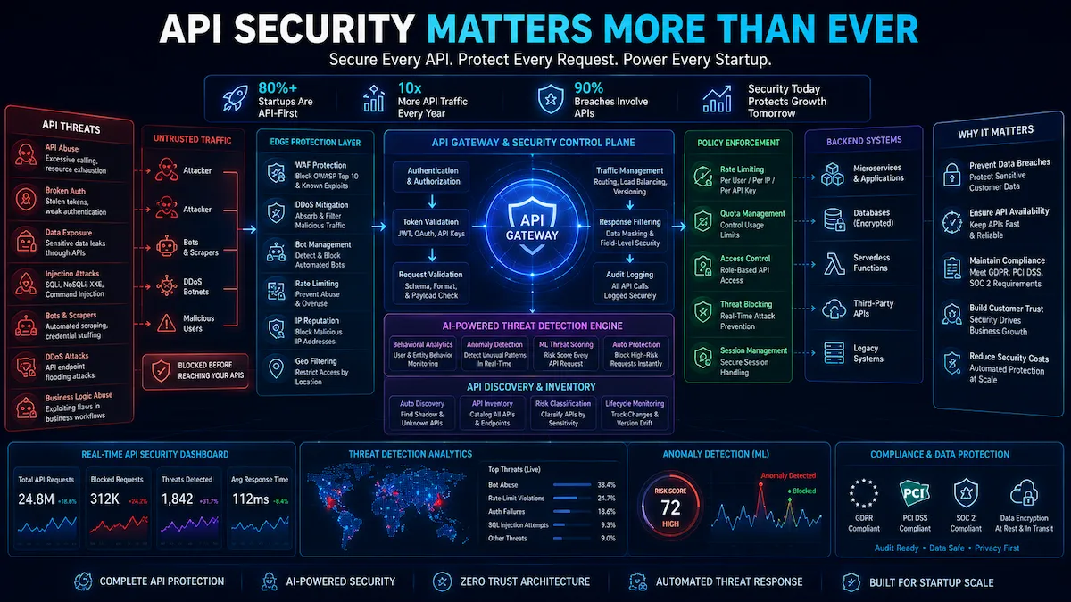 Futuristic AI-powered cybersecurity operations center showing open source security tools protecting startup infrastructure with real-time threat detection dashboards.