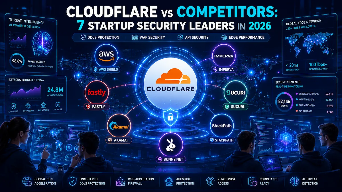 Cloudflare vs AWS Shield vs Imperva vs Fastly vs Sucuri vs Akamai startup security comparison dashboard showing DDoS protection, WAF, API security, and edge network performance.