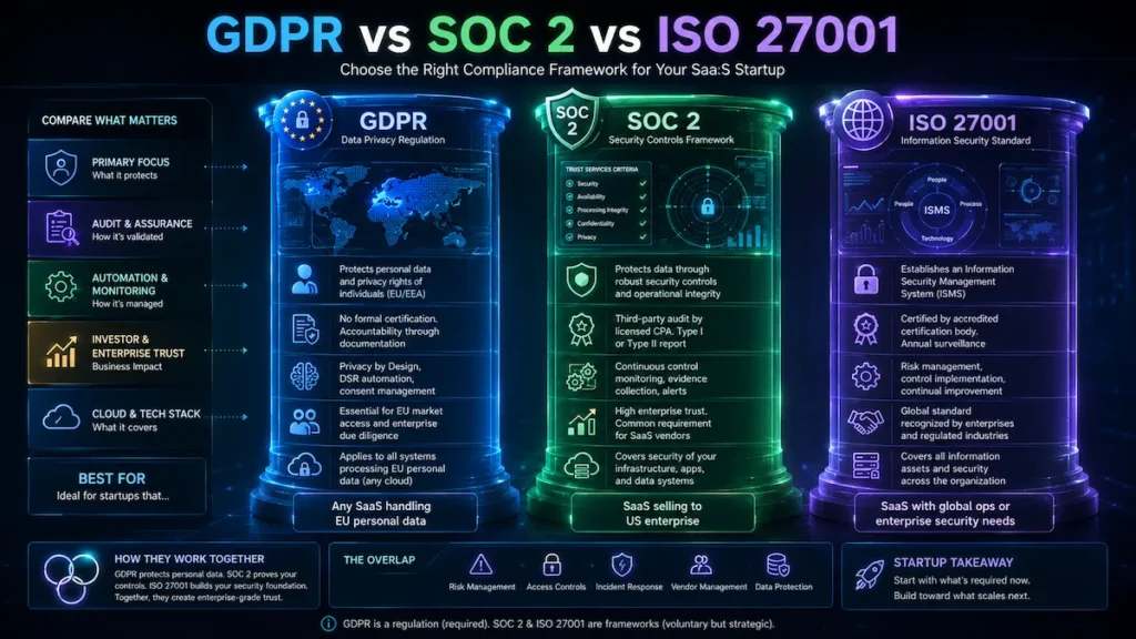 Visual comparison of GDPR, SOC 2, and ISO 27001 compliance frameworks for SaaS startups.
