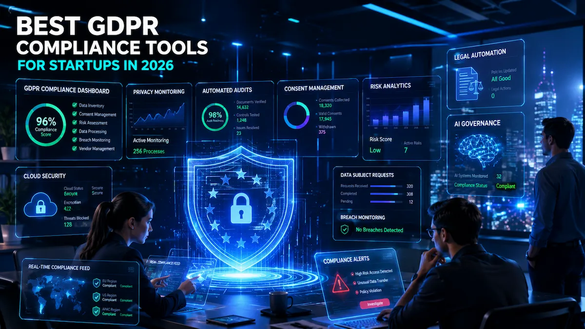 AI-powered GDPR compliance dashboard protecting startup customer data with automated privacy monitoring and cloud security.