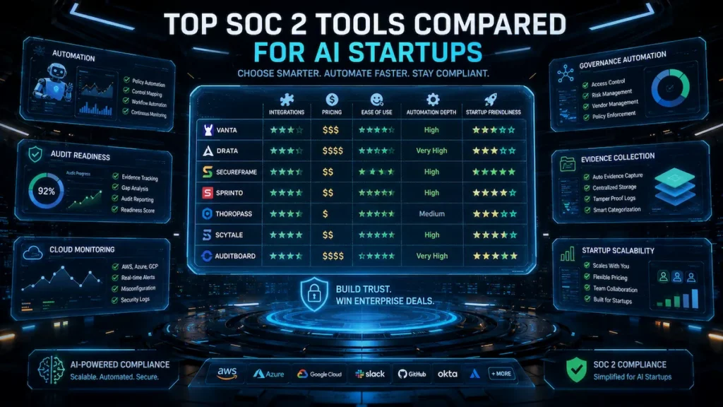 Modern dashboard comparing SOC 2 compliance tools for AI startups with cybersecurity automation and audit readiness metrics.