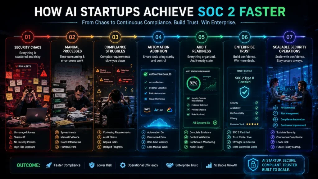 Roadmap infographic showing AI startup journey from security chaos to successful SOC 2 compliance automation.