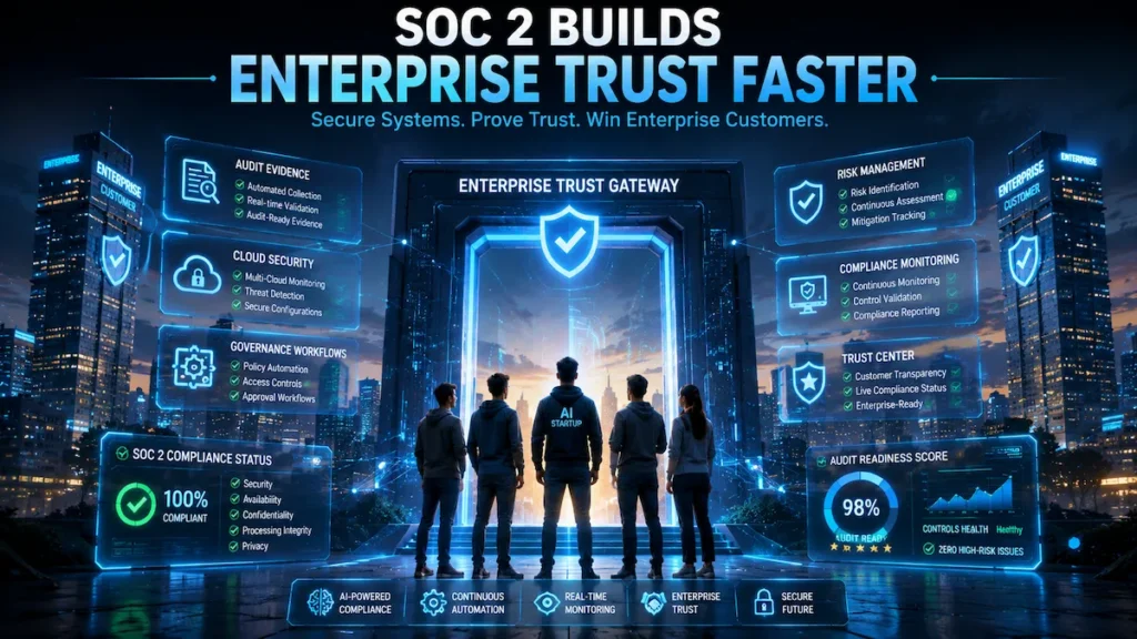 AI startup gaining enterprise trust through SOC 2 compliance automation and advanced cybersecurity systems.