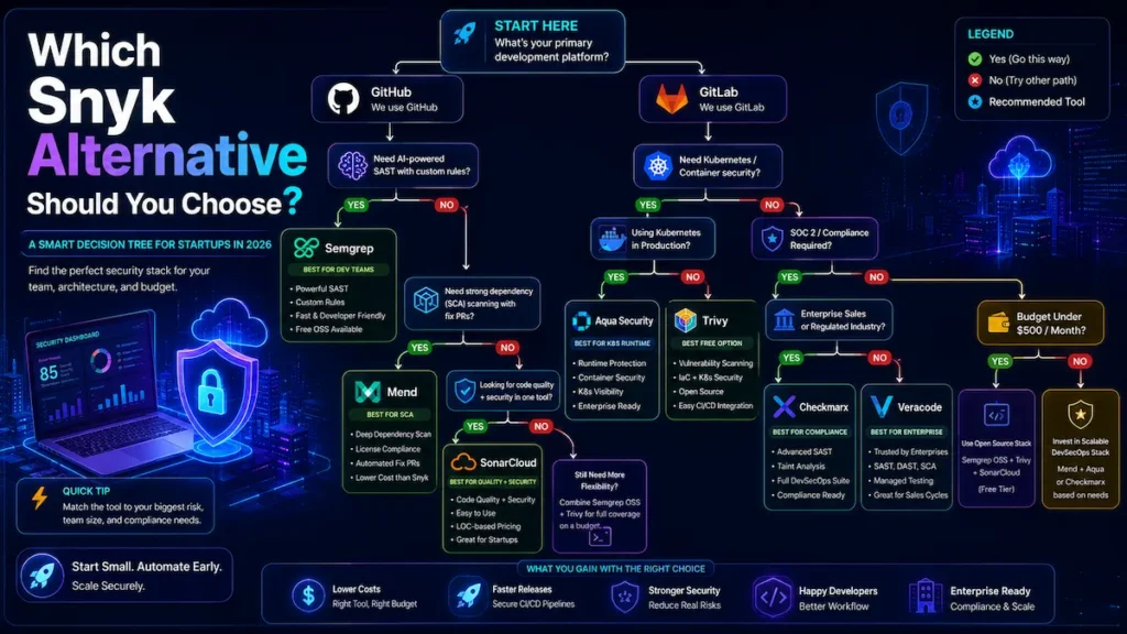 Decision tree infographic helping startups choose between Semgrep, GitLab Security, Trivy, Mend, Checkmarx, Veracode, and SonarCloud based on team size, Kubernetes usage, compliance needs, and budget.