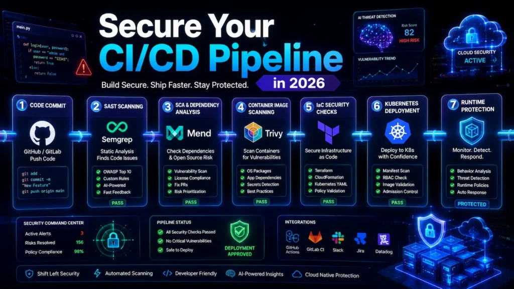 CI/CD pipeline security workflow showing code commit, SAST scanning, SCA analysis, container scanning, IaC security checks, Kubernetes deployment, and runtime protection.