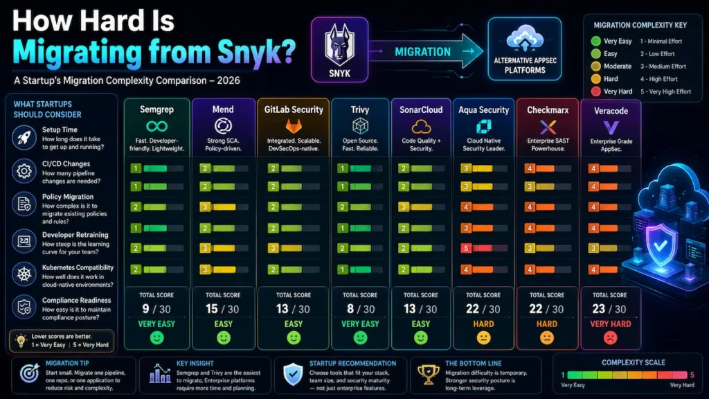 Migration complexity comparison chart showing startup transition difficulty from Snyk to Semgrep, Mend, GitLab Security, Trivy, Checkmarx, Veracode, and SonarCloud.