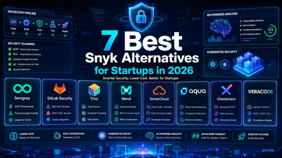 Modern DevSecOps comparison dashboard showing top Snyk alternatives for startups with CI/CD security scanning, Kubernetes protection, AI-powered vulnerability detection, and developer workflow integrations.