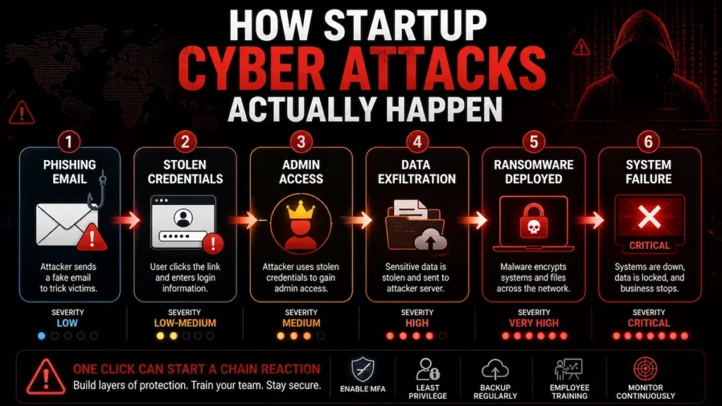 Cyber attack chain showing phishing to ransomware progression in startups