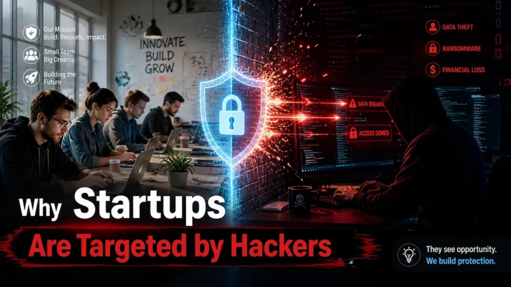 Startup team versus hacker attack concept showing cybersecurity threat and defense
