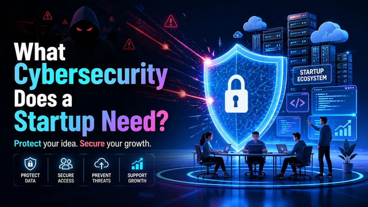 Startup cybersecurity protection concept with digital shield securing cloud, data, and systems