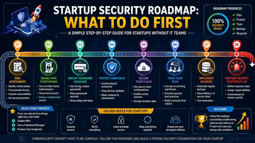 Step-by-step cybersecurity implementation roadmap for startups without IT teams.