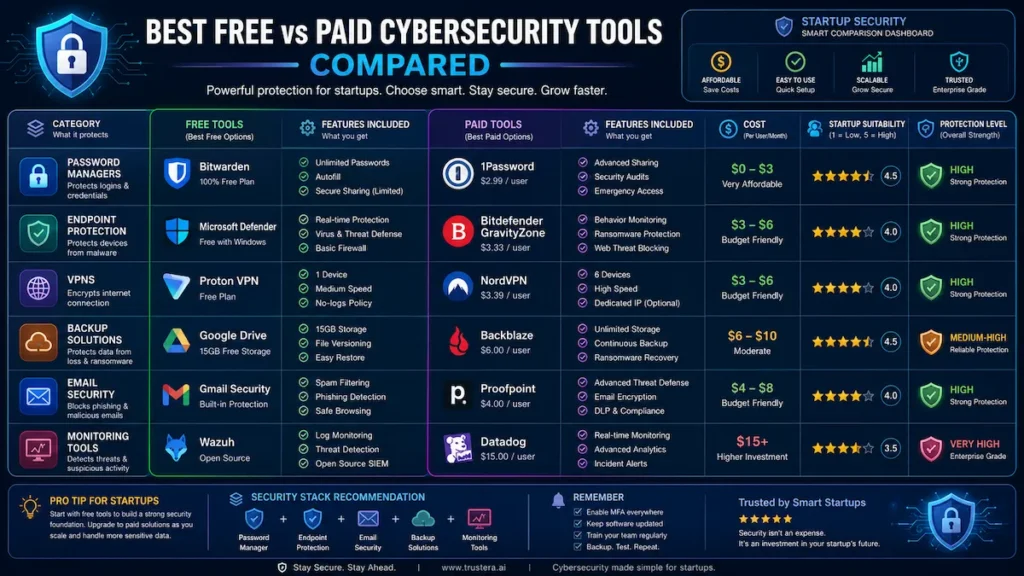 Comparison chart of free and paid cybersecurity tools suitable for startups with limited budgets.