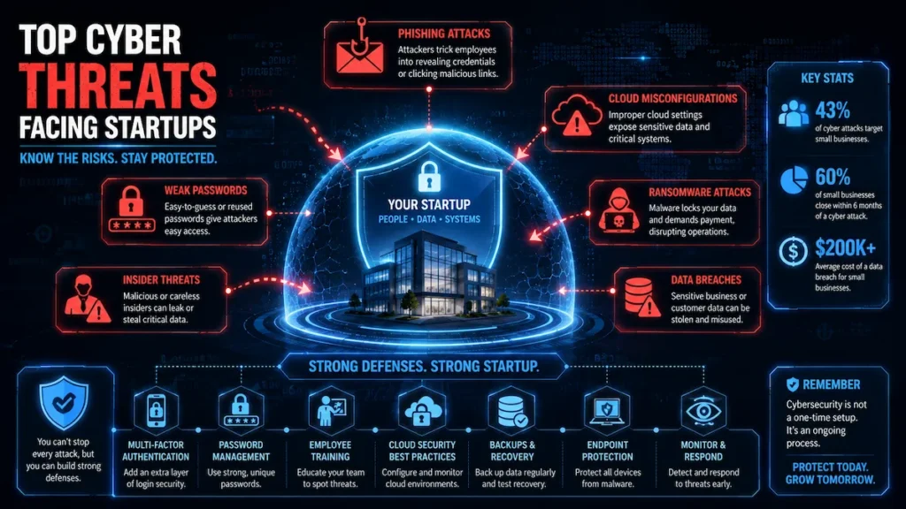 Visual representation of the biggest cybersecurity risks startups face including phishing, weak passwords, cloud misconfigurations, and insider threats.