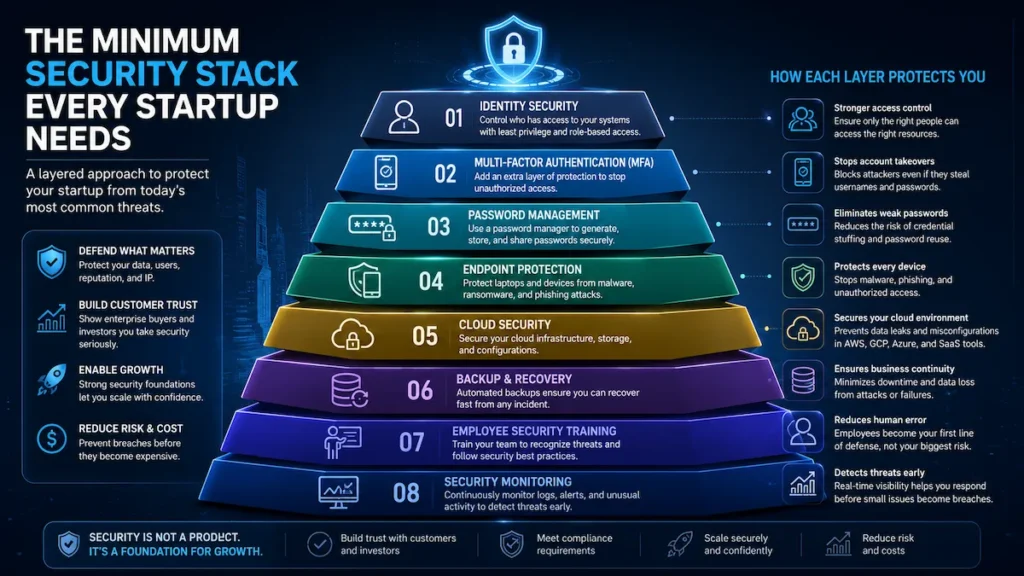 Layered cybersecurity stack showing essential startup security controls from identity protection to monitoring and backups.