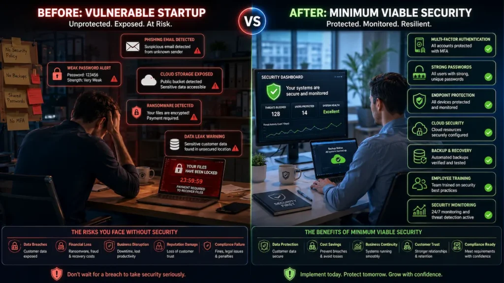 Comparison showing a startup before implementing security controls and after deploying minimum viable security protections.