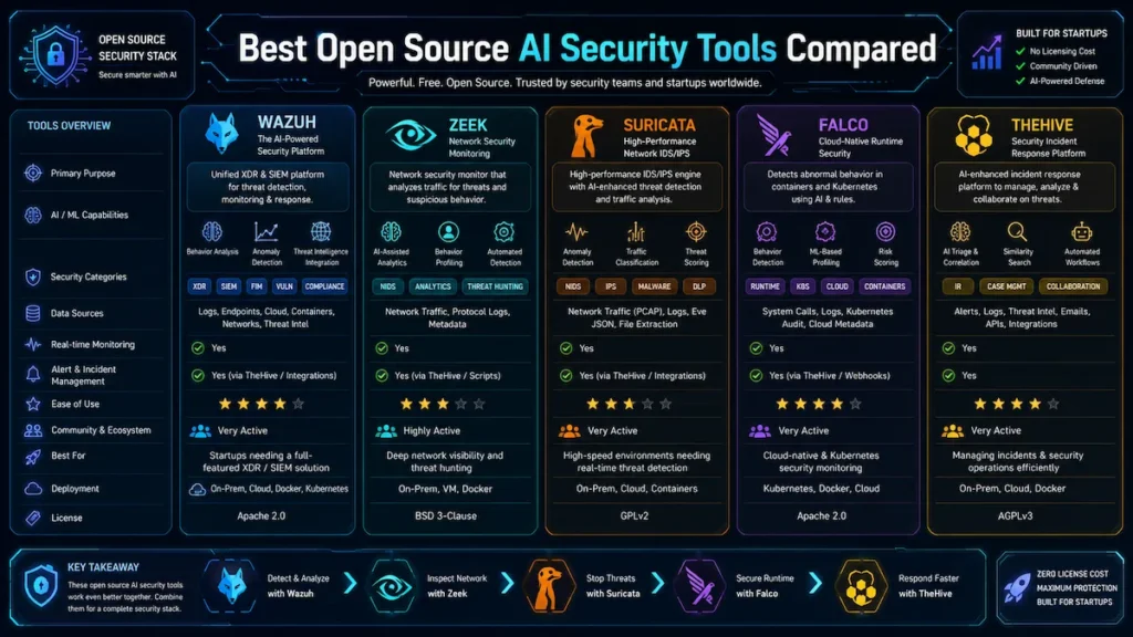Layered diagram showing startup cybersecurity architecture using open source AI security tools for protection and monitoring.