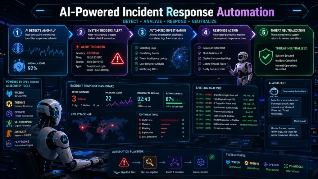 Create a 1280x720 px futuristic workflow illustration showing automated incident response using open source AI security tools startups. Visual flow: AI detects anomaly → system triggers alert → automated investigation → response action → threat neutralization. Include robotic AI assistants, dashboards, logs, and security alerts in a cyber control room environment.