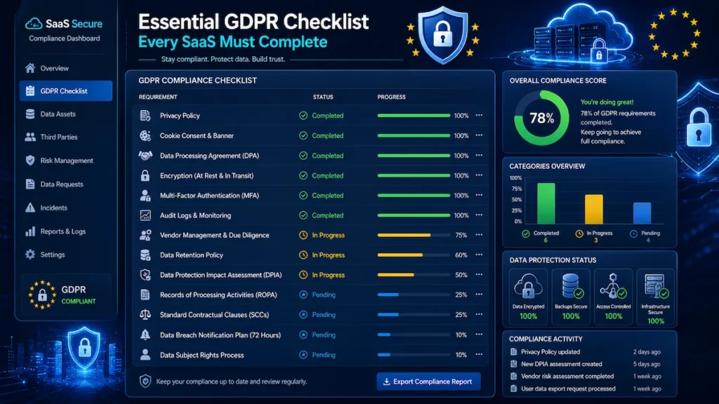 Comparison scorecard for GDPR compliance software platforms across five evaluation categories.