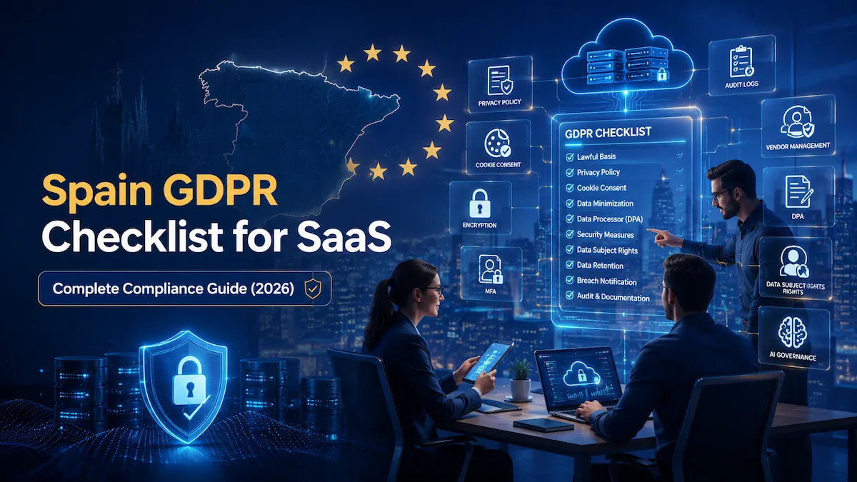 Featured image showing GDPR compliance software comparison for Spain startups with compliance shield and SaaS governance visuals.