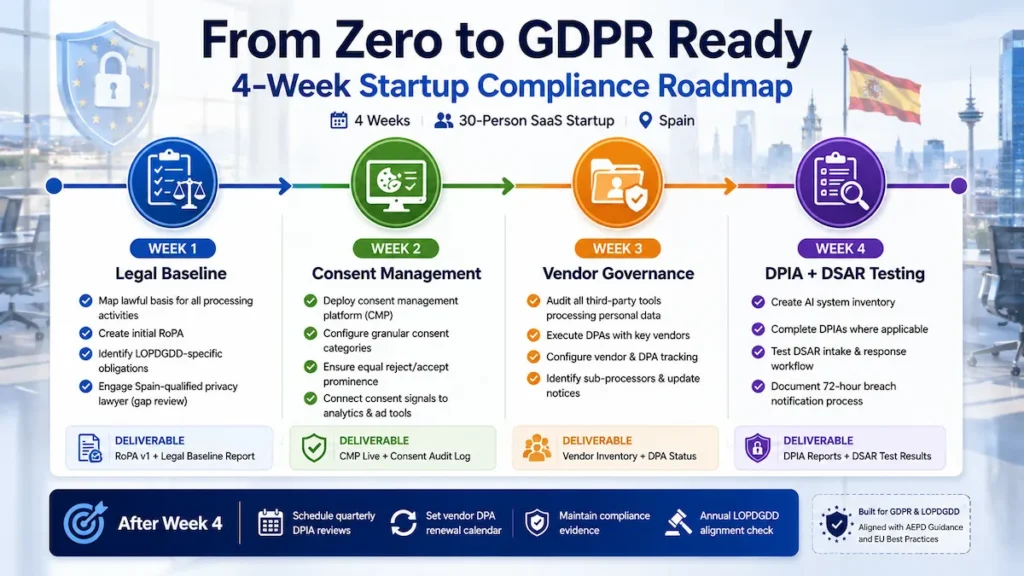 Four-week GDPR implementation roadmap for Spanish SaaS startups.
