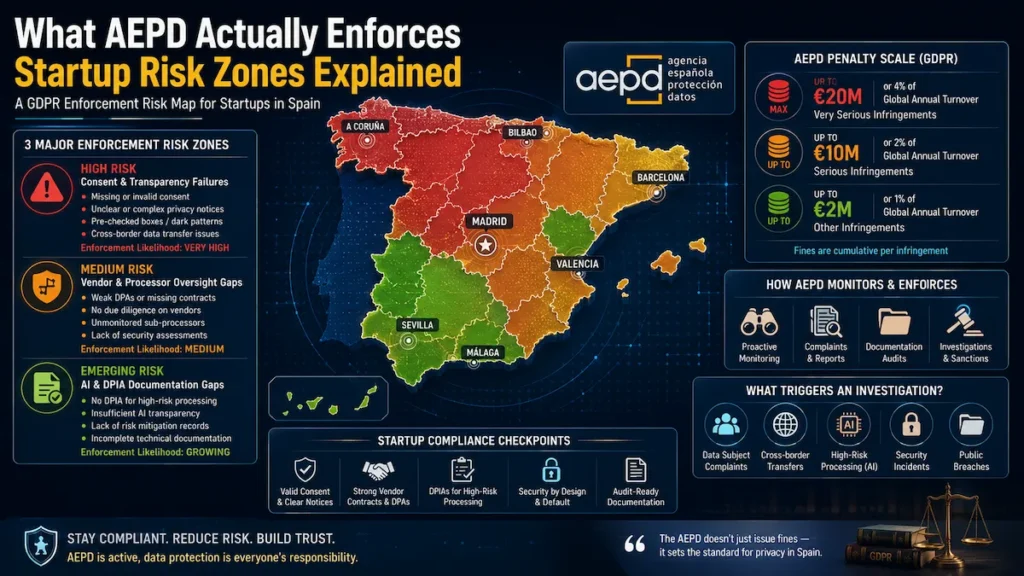 Visualization of AEPD enforcement priorities and GDPR startup risk areas in Spain.