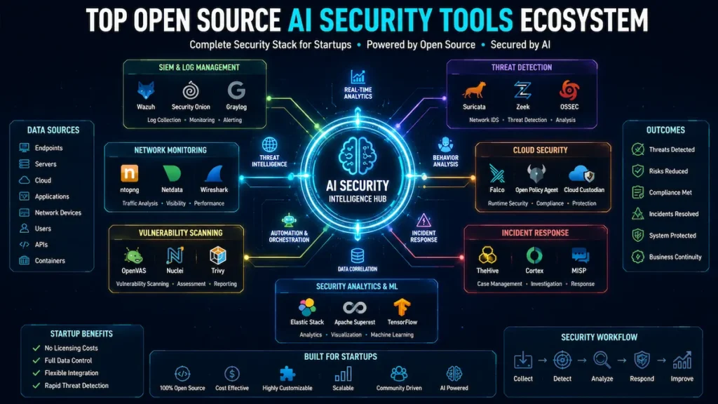 Visual ecosystem map showing open source AI security tools used by startups for monitoring, threat detection, and incident response.