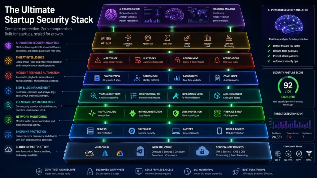 Layered startup cybersecurity stack showing endpoint protection, network monitoring, vulnerability management, SIEM, and AI threat detection.