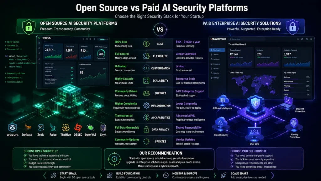 Comparison illustration showing open source AI security platforms versus expensive enterprise cybersecurity software solutions.