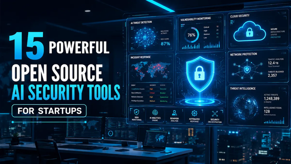 Modern cybersecurity dashboard displaying open source AI security tools protecting startup cloud infrastructure with threat detection analytics, security monitoring, and AI-powered cyber defense systems.