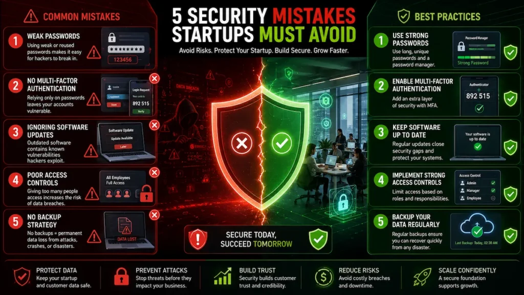 Cybersecurity infographic showing the most common startup security mistakes in 2025.