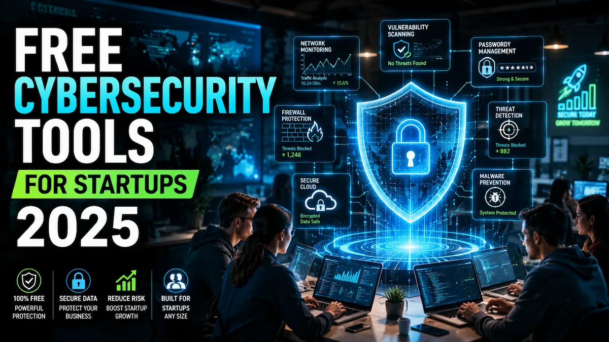 Futuristic cybersecurity workspace showing free cybersecurity tools protecting startup systems in 2025.