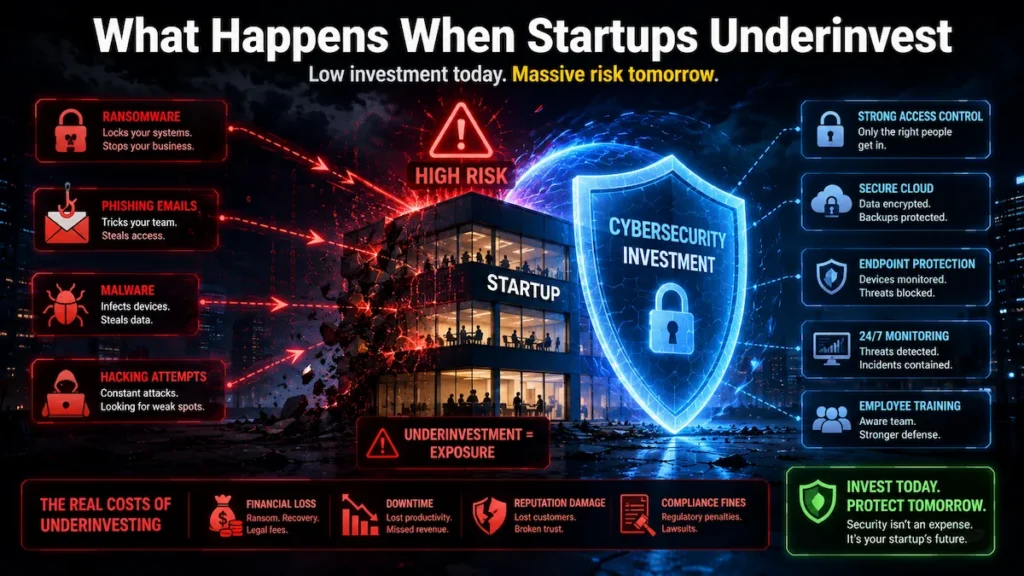 Startup building surrounded by cyber threats illustrating consequences of low cybersecurity investment.