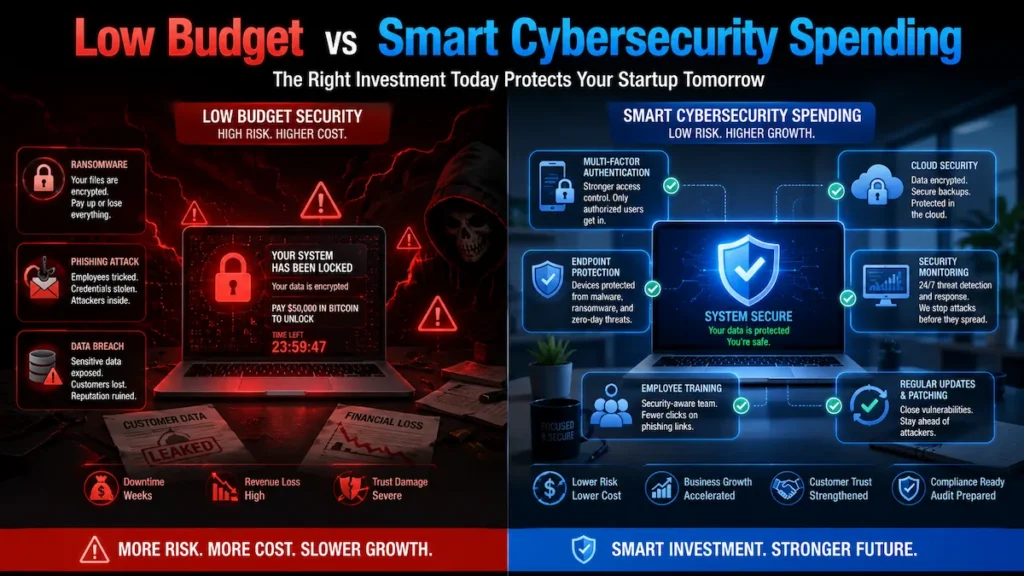 Split-screen comparison of insecure startup versus well-protected startup showing cyber attack risks and security protection systems.