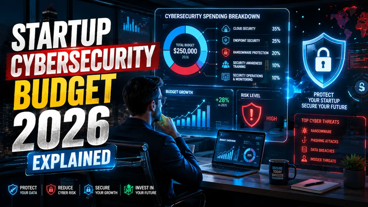 Startup founder analyzing cybersecurity budget dashboard with security and financial data visualization in a futuristic office environment.