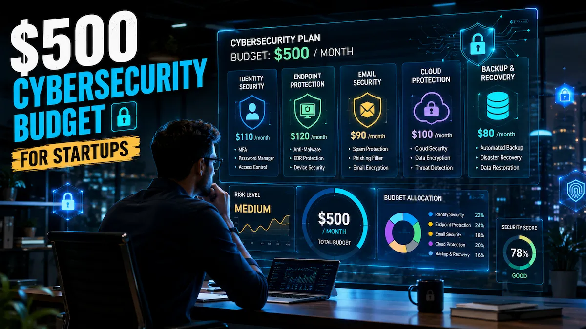 Startup founder analyzing a $500 monthly cybersecurity budget dashboard with layered security systems in a futuristic office.