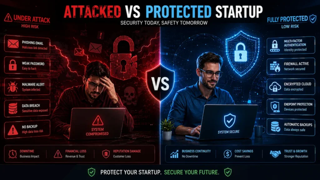 Split-screen showing cyberattacked startup versus protected startup using modern security tools and layered defense systems.