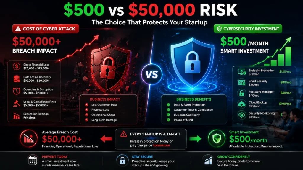 Comparison of cybersecurity investment versus cost of cyber breach showing financial risk for startups.