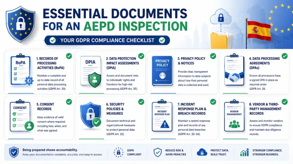 Visual checklist of GDPR documents commonly requested during an AEPD inspection.