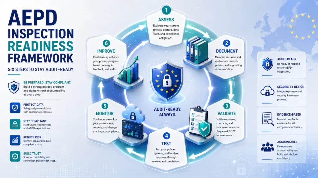 Circular framework illustrating six stages of preparing for an AEPD inspection.