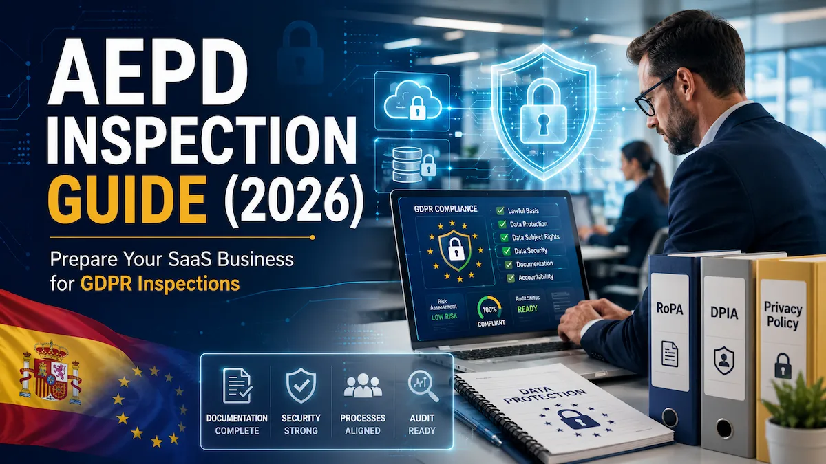 Professional SaaS compliance team preparing for an AEPD GDPR inspection with digital compliance dashboard and secure documentation.