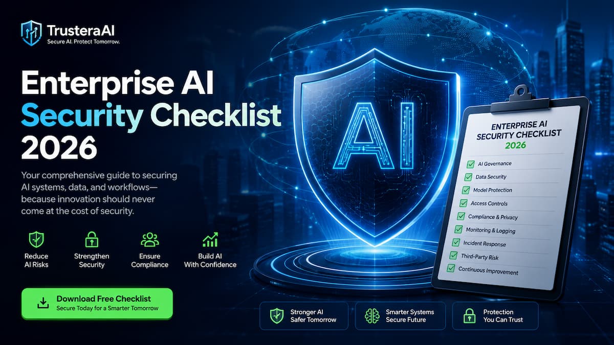 Enterprise AI Security Checklist 2026 framework showing AI governance, risk assessment, compliance, security controls, and enterprise cybersecurity best practices.