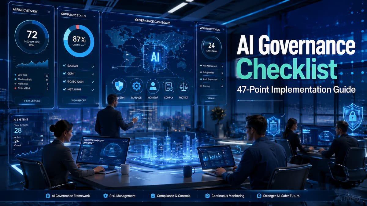 AI Governance Checklist featured image showing a modern enterprise AI governance dashboard with compliance, risk management, and oversight controls.