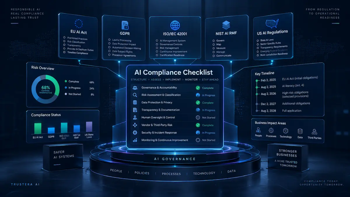 AI compliance checklist dashboard covering EU AI Act, GDPR, ISO 42001 and NIST AI RMF